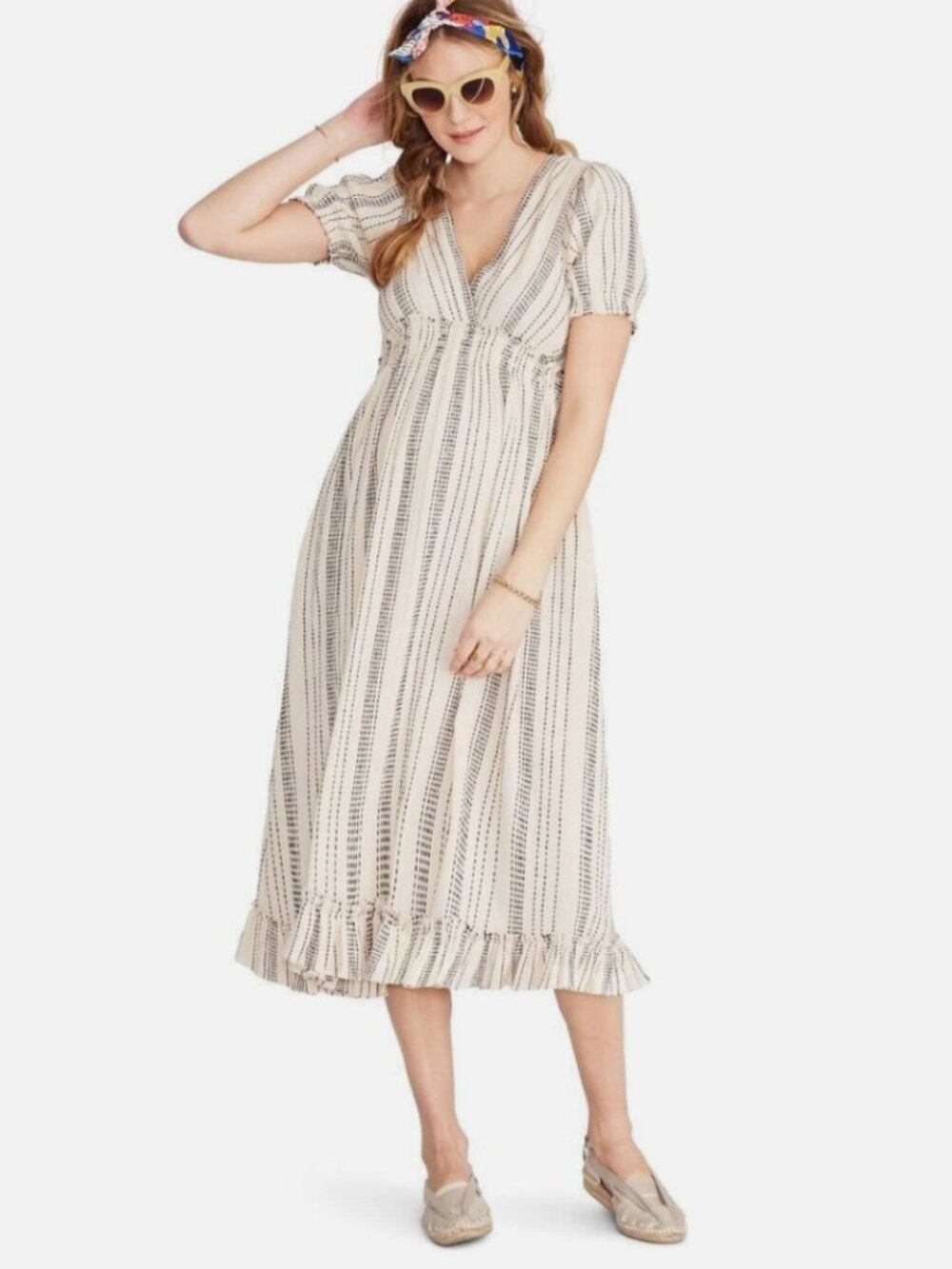 Hatch Maternity The Amelia Midi Stripe Dress MSRP $268 | Cream | 1/Small